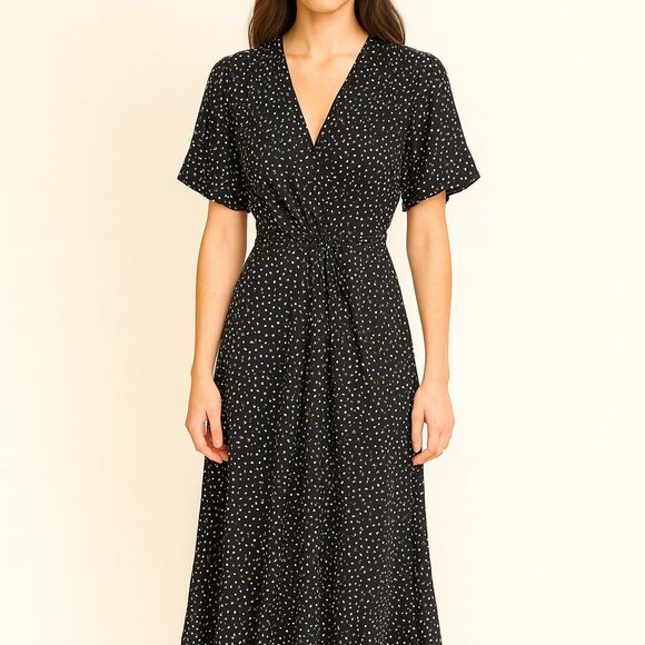 2 For $30 Pretty Garden Wrap Polka Dot Maxi Ruffle Black Short Sleeve dress XL - Picture 3 of 11
